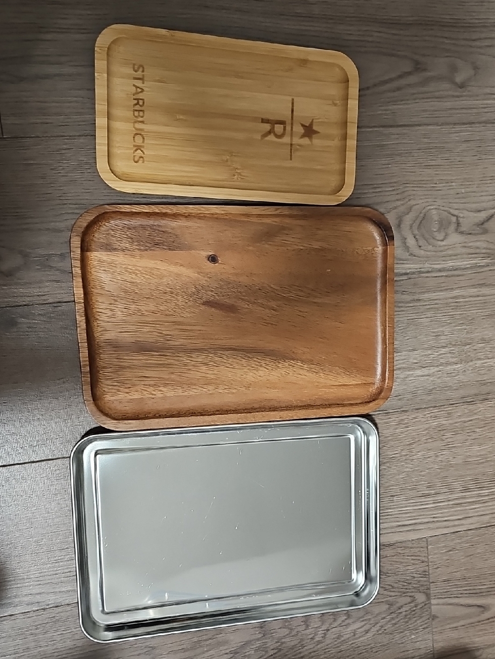 Tray Set with Wood and Silver Tones